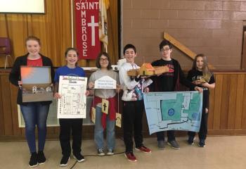 St. Ambrose School middle school students displaying their California Missions projects are, from left, Emma Bolich, Grace Brennan, Julie Michaels, Cole Andrefski, Ian Andrefski and Callie Seisler. (Photo courtesy of SAS)