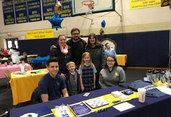 Students from Notre Dame High School (NDHS), Easton visit Holy Family School, Nazareth Jan. 27 to share information about NDHS during Open House. From left are: front, Michael Irving, Noah Lagodney, Casey Lagodney and Sierra Irving; back, Alyssa Lagodeny, and Peter and Lynn DeBonis. (Photo courtesy of NDHS)