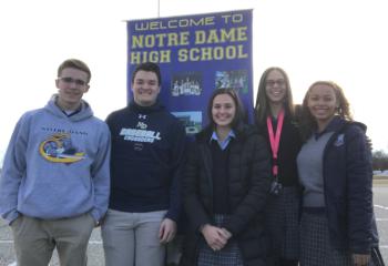 Notre Dame High School, Easton students representing their school during visits to diocesan elementary grade schools and parishes are, from left, John Koons, Richard Mueller, Kate Costantino, Fayth Alston and Mikayla Bates. (Photo courtesy NDHS)