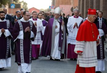 Pope Francis arrives in procession to celebrate Ash Wednesday Mass at the Basilica of Santa Sabina in Rome March 6, 2019. (CNS photo/Paul Haring) 