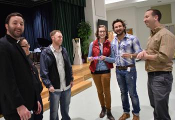 Enjoying the social are, from left: Father Stephan Isaac; Ann Bartolacci and Steven Thomas, parishioners of St. Jane; Abby and Jim Maria, parishioners of St. Ignatius Loyola, Sinking Spring; and Yingling. Jim and Abby Maria are the son and daughter-in-law of Deacon John Maria, transitional deacon serving at the Cathedral of St. Catharine of Siena, Allentown.