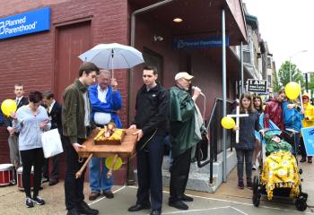 Monsignor Thomas Orsulak, pastor of St. Peter the Apostle, Reading, leads pro-life supporters of all ages as they bow their heads in prayer outside Planned Parenthood, Reading.