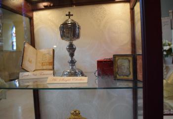 The reliquary containing the chalice of Bishop Neumann, fourth bishop of Philadelphia, also displays his copy of the New Testament written in Greek.
