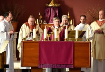 Bishop of Allentown Alfred Schlert, center, celebrates Mass at St. Joseph, Summit Hill to kick off BAA in Carbon County. From left are: Father William Seifert, administrator of SS. Peter and Paul, Lehighton; Deacon Joseph Cannon, assigned to St. Joseph; Monsignor John Chizmar, pastor of St. Peter the Fisherman, Lake Harmony; Father William Campion, pastor of Sacred Heart, Palmerton; Deacon Edward Girard, assigned to Sacred Heart, Palmerton: and Father Allen Hoffa, pastor of St. Joseph.