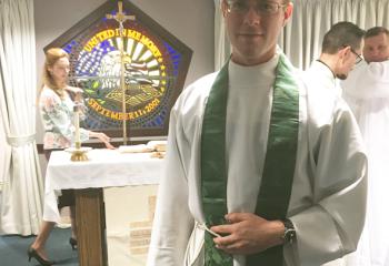 Father James Harper following Mass in the Pentagon chapel, which was built on the site of the damage caused to the building in the 9/11 attack.