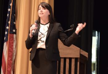 Dr. Brooke Tesche, chancellor for Catholic education, addresses educators at the conference, which had the theme “Inspiring Souls, Transforming Minds.”