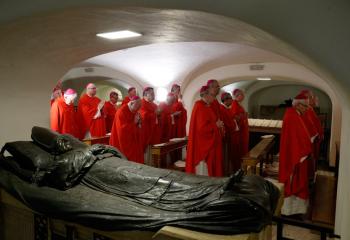 U.S. bishops from the state of New York concelebrate Mass in the crypt of St. Peter's Basilica at the Vatican Nov. 14, 2019. The bishops were making their "ad limina" visits to the Vatican to report on the status of their dioceses to the pope and Vatican officials. (CNS photo/Paul Haring) 