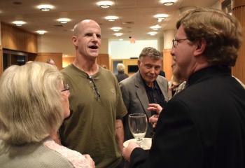 Enjoying the dessert reception are, from left, Sue Zawaly, Lawton, Tom Connor, Joseph Zawaly (hidden) and Father Edward Essig, pastor of St. Francis de Sales, Robesonia.