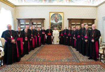 Pope Francis poses for a photo with U.S. bishops from New Jersey and Pennsylvania in the Apostolic Palace at the Vatican Nov. 28, 2019. The bishops were making their "ad limina" visits to the Vatican to report on the status of their dioceses to the pope and Vatican officials. (CNS photo/Vatican Media) 