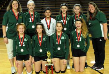 Players and coaches from St. Anne, Bethlehem, who placed second at the tournament are, from left: front, Hannah Lilly, Briana McKelvey, Issabella Cantelmi and Bailey Corrigan; back, coach Steph Corrigan, Malena Sabol, Abigail Calon, Emily Hontz, Sophia Miklus and coach Jackie Lilly.