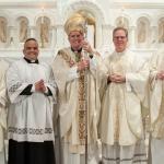 Juan Eduardo Rodriguez poses for a photo with (l-r) Reverend Christopher Butera, recently named Director of Seminarian Formation for the Diocese of Allentown, the Most Reverend David O’Connell, C.M., Bishop or Trenton, NJ, Reverend Monsignor Andrew Baker, the Rector of Mount Saint Mary’s Seminary and a priest of the Diocese of Allentown, and Reverend Monsignor David James, V.G. and current Director of Vocations. 