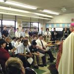 The Most Rev. Edward P. Cullen, D.D., Bishop of Allentown, offers remarks Oct. 15, 2003 to students in the Aquinas Program and their mentors, in the program’s new classroom at Notre Dame High School, Easton, the introduction of the program at the secondary level.