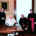 Accompanying Bishop Cullen, second from right, on the ad limina visit with the Holy Father was the Rev. Msgr. Alfred A. Schlert, J.C.L., V.G., diocesan Vicar General, right. The Rev. Andrew R. Baker, a priest from the Diocese of Allentown assigned to the Congregation for Bishops, left, joined the diocesan officials throughout the trip, Sept. 5-11, 2004.