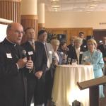 The Most Rev. Edward P. Cullen, D.D., Bishop of Allentown, left, addresses those gathered June 17, 2008 for the first Eastern Pennsylvania Scholarship Foundation (EPSF) reception hosted by the diocesan Office of Stewardship and Development June 17 at DeSales University, Center Valley. 
