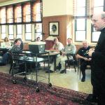 Bishop Cullen offers opening remarks before the April 23, 2001 training workshop of Project Rachel at Mary Immaculate Center, Northampton.